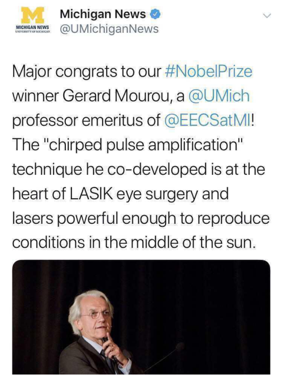 密歇根大学教授获得2018年诺贝尔物理学奖（图片源自网络）